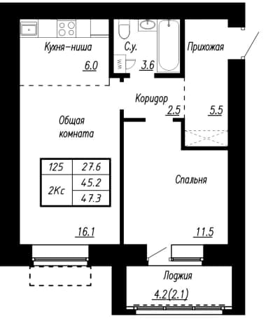 . Вариант № 2226662, 0, площадь - 47.3 квм, цена 6101700 рублей