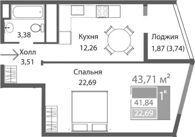. Вариант № 2125607, 0, площадь - 41.84 квм, цена 7563578 рублей