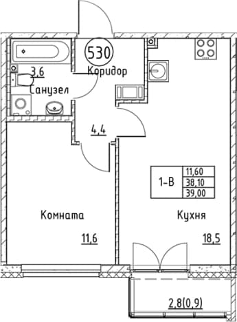 . Вариант № 2393247, 0, площадь - 38.1 квм, цена 9839455 рублей