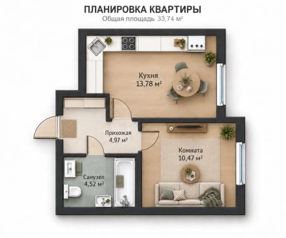 Купить квартиру площадью 45 кв.м в Мурине. Вариант № 2337093, 1, площадь - квм, цена 5800000 рублей