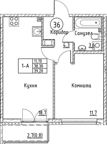 . Вариант № 1830931, 0, площадь - 38.3 квм, цена 9525573 рублей