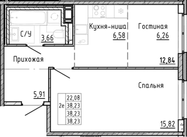 . Вариант № 1878453, 0, площадь - 38.23 квм, цена 10180649 рублей