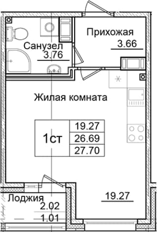 . Вариант № 1826720, 0, площадь - 26.69 квм, цена 4847500 рублей