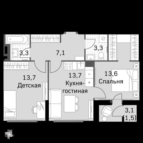 . Вариант № 2309675, 0, площадь - 54 квм, цена 31676400 рублей