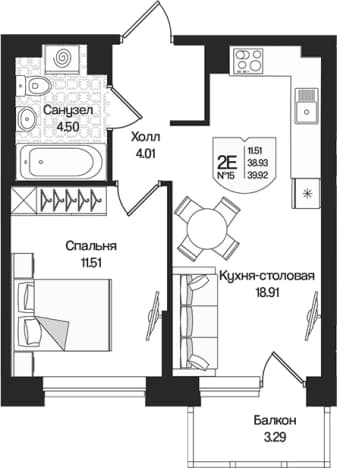 . Вариант № 1848674, 0, площадь - 38.93 квм, цена 9624718 рублей