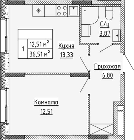 . Вариант № 1815181, 0, площадь - 36.51 квм, цена 5286870 рублей
