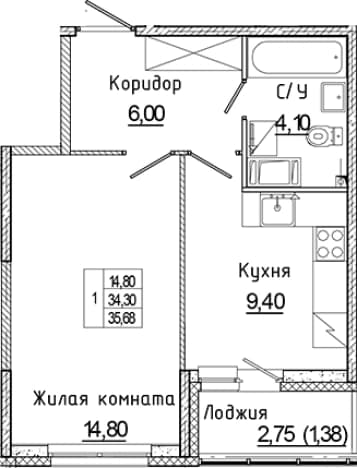 . Вариант № 2044704, 0, площадь - 34.3 квм, цена 5763239 рублей