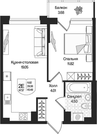 . Вариант № 1848689, 0, площадь - 39.38 квм, цена 9759734 рублей