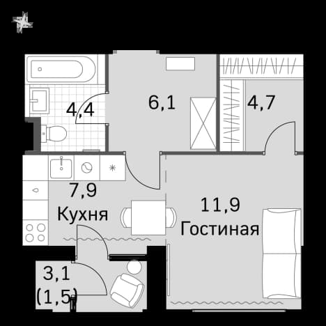 . Вариант № 2339666, 0, площадь - 34.4 квм, цена 22057280 рублей