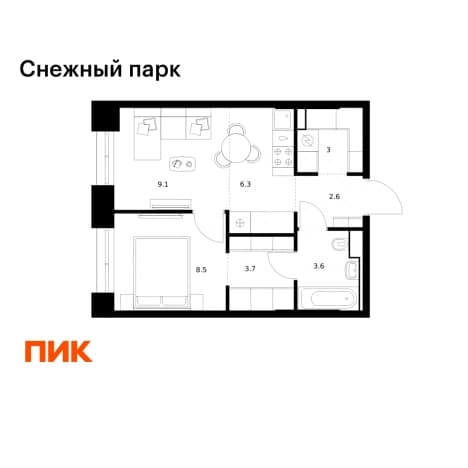 Купить однокомнатную квартиру в новостройках в ЖК Снежный парк в Владивостоке. Вариант № 2224084, 1, площадь - квм, цена 8176960 рублей