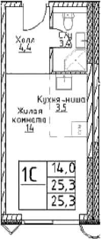 . Вариант № 1031568, 0, площадь - 25.3 квм, цена 13978250 рублей