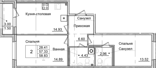 . Вариант № 1826678, 0, площадь - 57.33 квм, цена 10001100 рублей