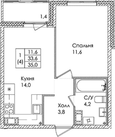 . Вариант № 1822121, 0, площадь - 33.6 квм, цена 5295000 рублей