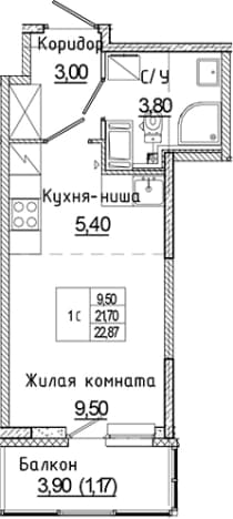 . Вариант № 1814853, 0, площадь - 21.7 квм, цена 3975552 рублей