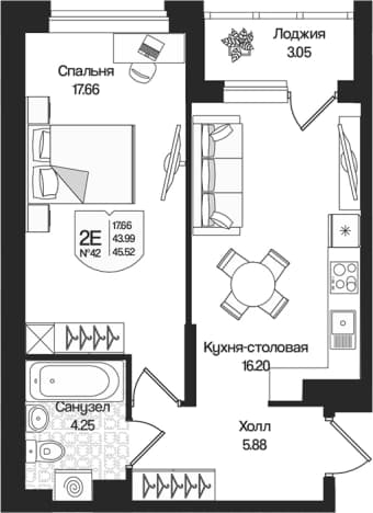 . Вариант № 1848633, 0, площадь - 43.99 квм, цена 11257369 рублей