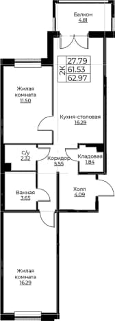 . Вариант № 1871334, 0, площадь - 61.53 квм, цена 11217728 рублей