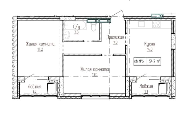 . Вариант № 2388343, 0, площадь - 54.7 квм, цена 6728100 рублей