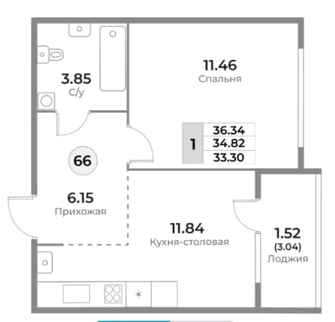 . Вариант № 2385101, 0, площадь - 34.85 квм, цена 6615800 рублей