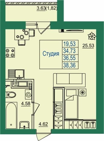 . Вариант № 1123825, 0, площадь - 36.55 квм, цена 4605300 рублей
