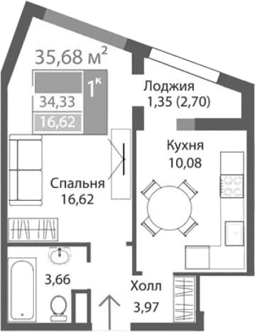 . Вариант № 2125565, 0, площадь - 34.33 квм, цена 6509816 рублей