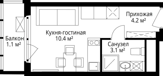 . Вариант № 2238368, 0, площадь - 18.8 квм, цена 7325007 рублей
