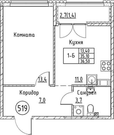. Вариант № 1830958, 0, площадь - 35.1 квм, цена 8781558 рублей