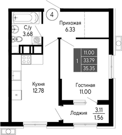 . Вариант № 2112173, 0, площадь - 33.79 квм, цена 9191000 рублей