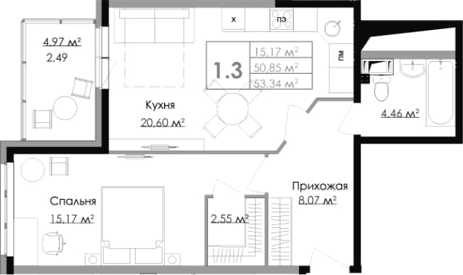 . Вариант № 2007193, 0, площадь - 50.85 квм, цена 10760000 рублей