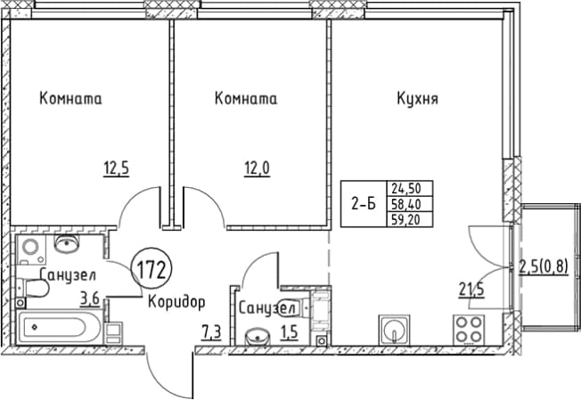 . Вариант № 2330618, 0, площадь - 58.4 квм, цена 14723843 рублей