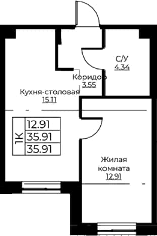 . Вариант № 1871067, 0, площадь - 35.91 квм, цена 6794890 рублей