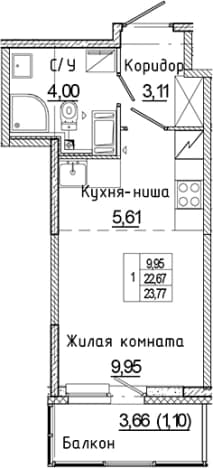 . Вариант № 2168704, 0, площадь - 22.67 квм, цена 4505176 рублей