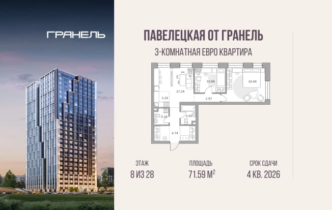 Купить трехкомнатную квартиру в ЖК Павелецкая от Гранель в Москве. Вариант № 2272841, 0, площадь - квм, цена 48125535 рублей