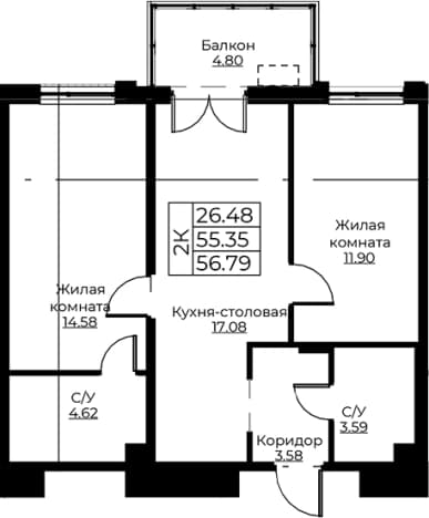 . Вариант № 1871043, 0, площадь - 55.35 квм, цена 10202267 рублей