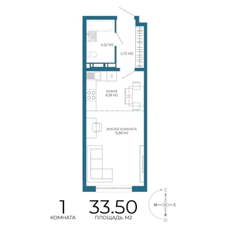 . Вариант № 1557315, 0, площадь - 33.5 квм, цена 3450500 рублей
