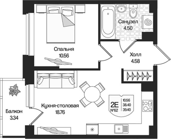 . Вариант № 1848692, 0, площадь - 38.4 квм, цена 9546843 рублей