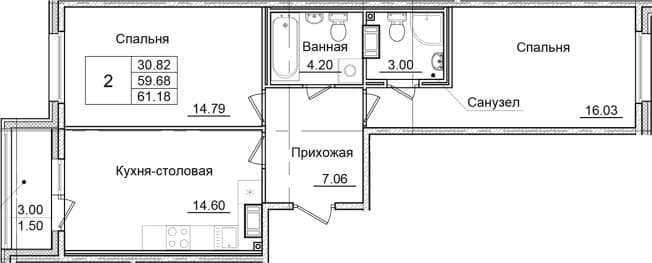 . Вариант № 1826719, 0, площадь - 59.68 квм, цена 11595947 рублей