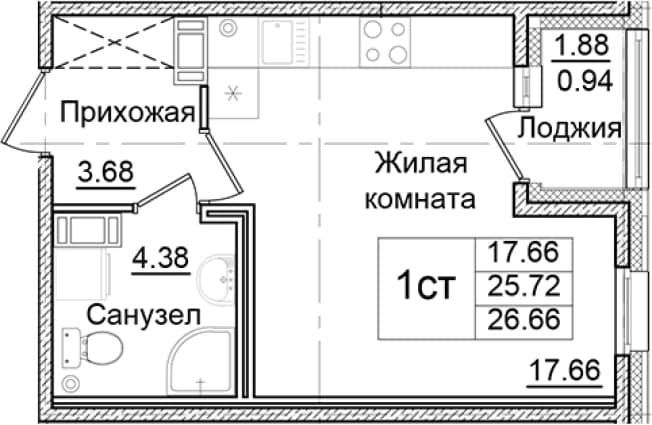. Вариант № 2007839, 0, площадь - 25.72 квм, цена 4919833 рублей