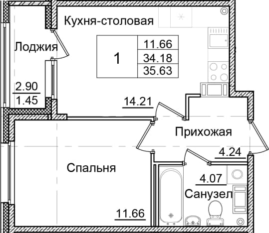 . Вариант № 2242618, 0, площадь - 34.18 квм, цена 6637169 рублей