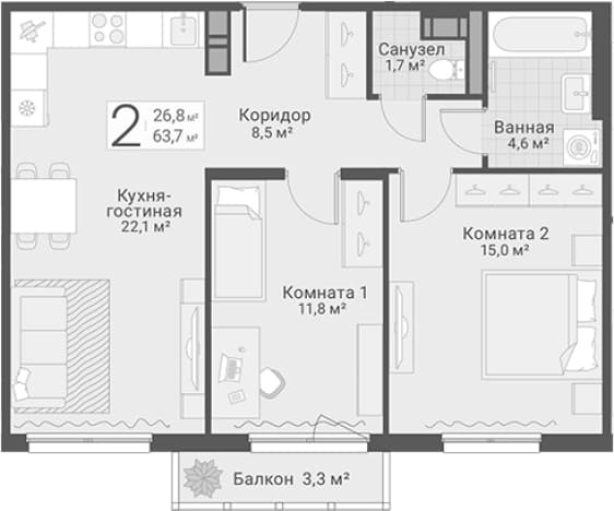 . Вариант № 1855405, 0, площадь - 63.7 квм, цена 19150000 рублей