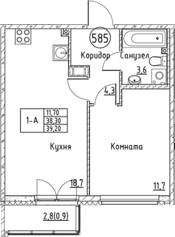 . Вариант № 1830895, 0, площадь - 38.3 квм, цена 9668642 рублей