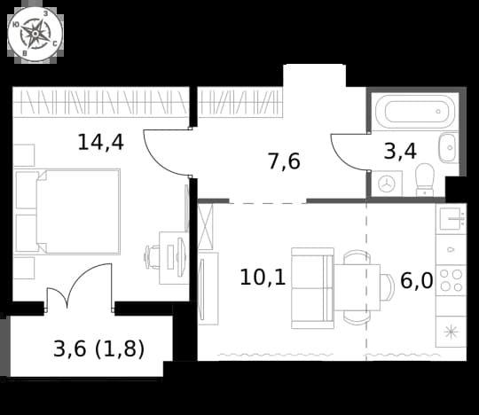. Вариант № 2225951, 0, площадь - 43.3 квм, цена 22949000 рублей