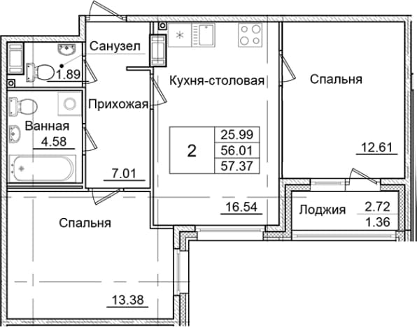 . Вариант № 1826762, 0, площадь - 56.01 квм, цена 10652579 рублей
