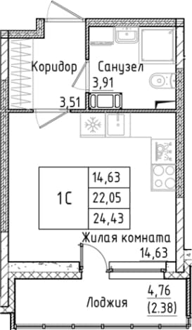 . Вариант № 1814393, 0, площадь - 22.05 квм, цена 5780700 рублей