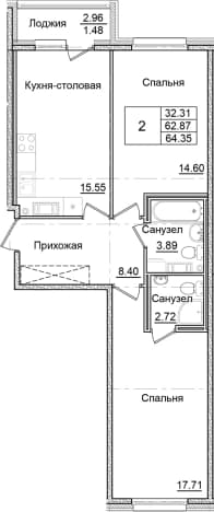 . Вариант № 2261448, 0, площадь - 62.87 квм, цена 11643349 рублей