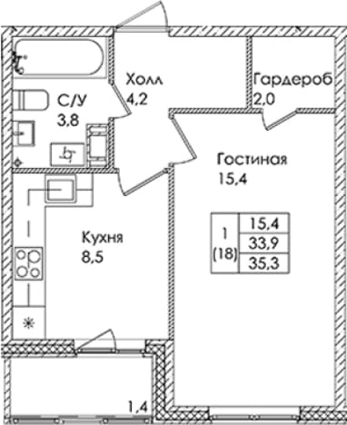 . Вариант № 1822087, 0, площадь - 33.9 квм, цена 5163500 рублей
