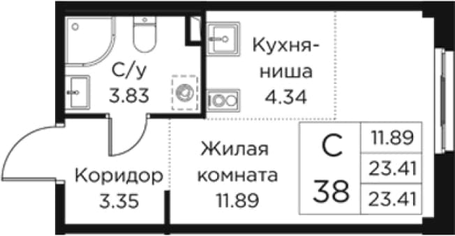 . Вариант № 2393364, 0, площадь - 23.41 квм, цена 7371341 рублей