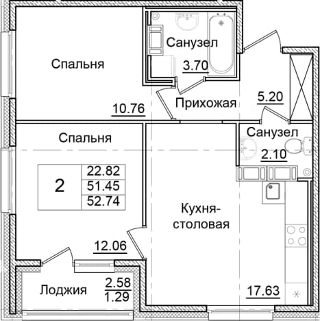 . Вариант № 2261407, 0, площадь - 51.45 квм, цена 9823462 рублей