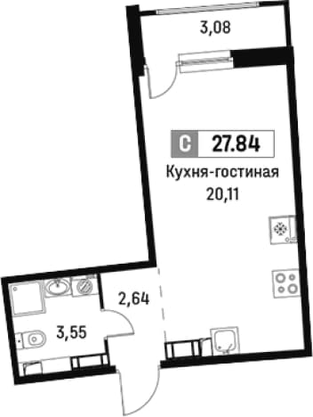 . Вариант № 1813725, 0, площадь - 26.3 квм, цена 6129669 рублей