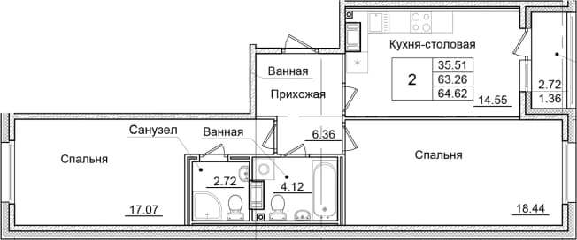 . Вариант № 1826820, 0, площадь - 63.26 квм, цена 10985400 рублей