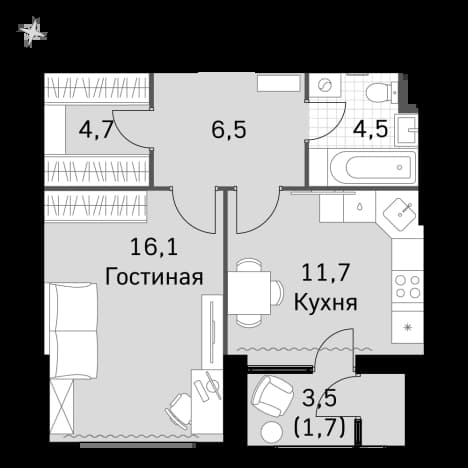 . Вариант № 2339633, 0, площадь - 43.1 квм, цена 24394600 рублей